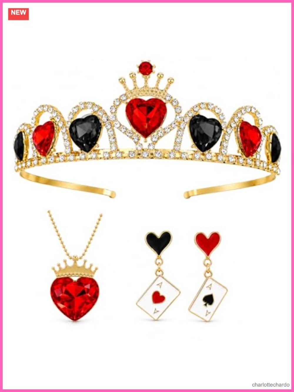 Queen of Hearts Crown Set Necklace Earrings Halloween Costume Accessories